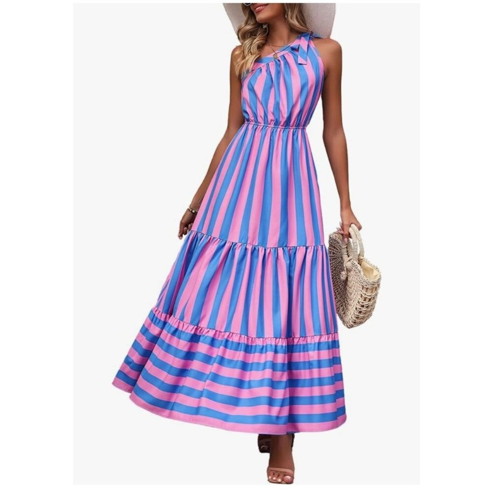 Pretty Garden Womens Striped Maxi Dress Knot One Shoulder Flowy Boho Size Large